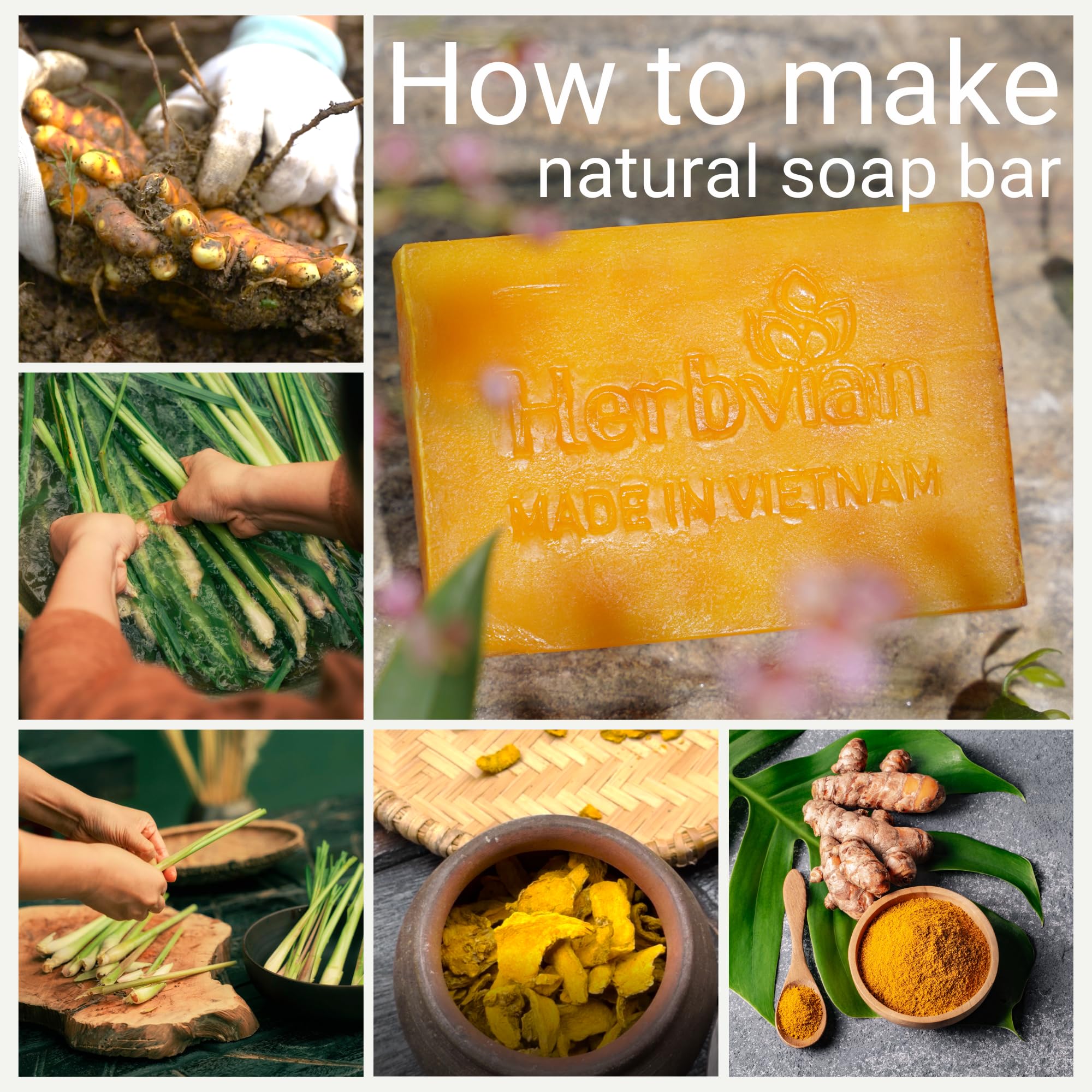 Herbvian 100% Natural Turmeric Soap Bar for Face and Body, Warmth Lemongrass Mosquito Repellent Soap, Vietnamese Back Acne Bath Body Soap, Anti-Acne Cleansing Healthy for All Type Skins (Pack 2)